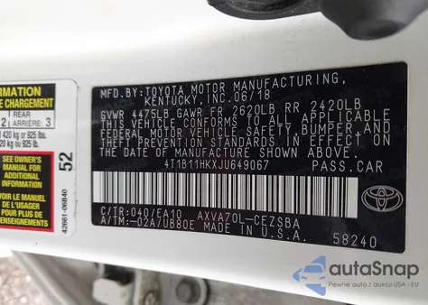 2018 Toyota Camry Se z USA, uszkodzony, nr VIN 4T1B11HKXJU649067